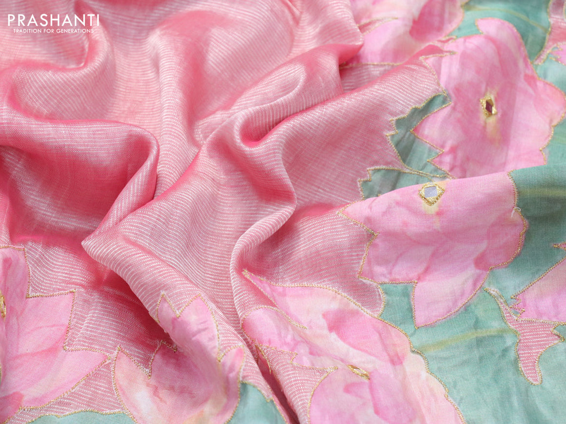 Mangalgiri silk cotton saree peach pink with plain body and floral applique work
