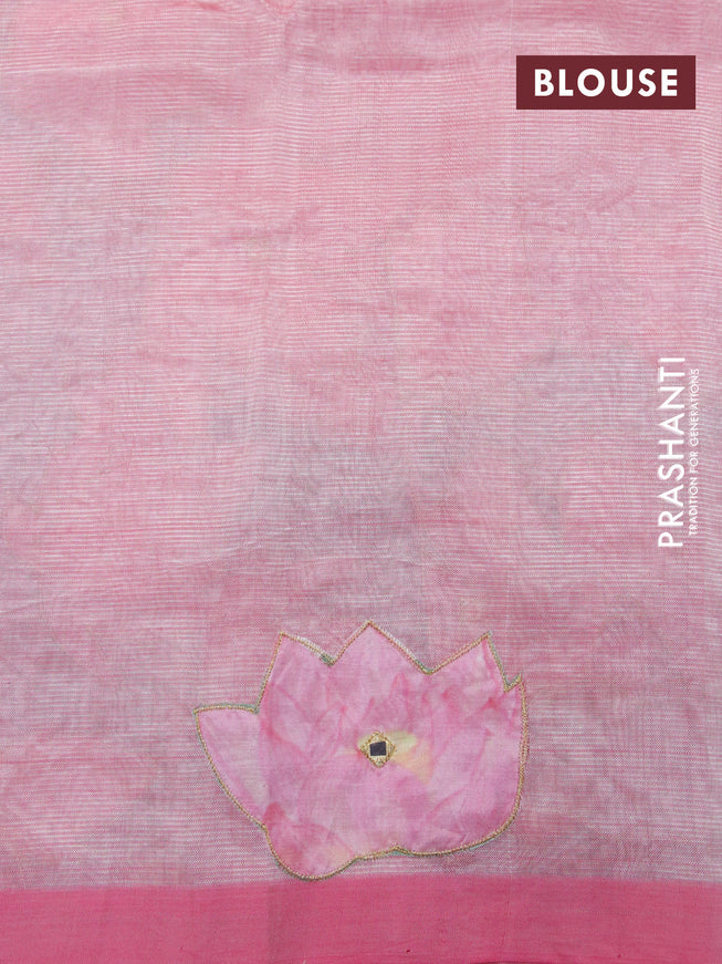 Mangalgiri silk cotton saree peach pink with plain body and floral applique work