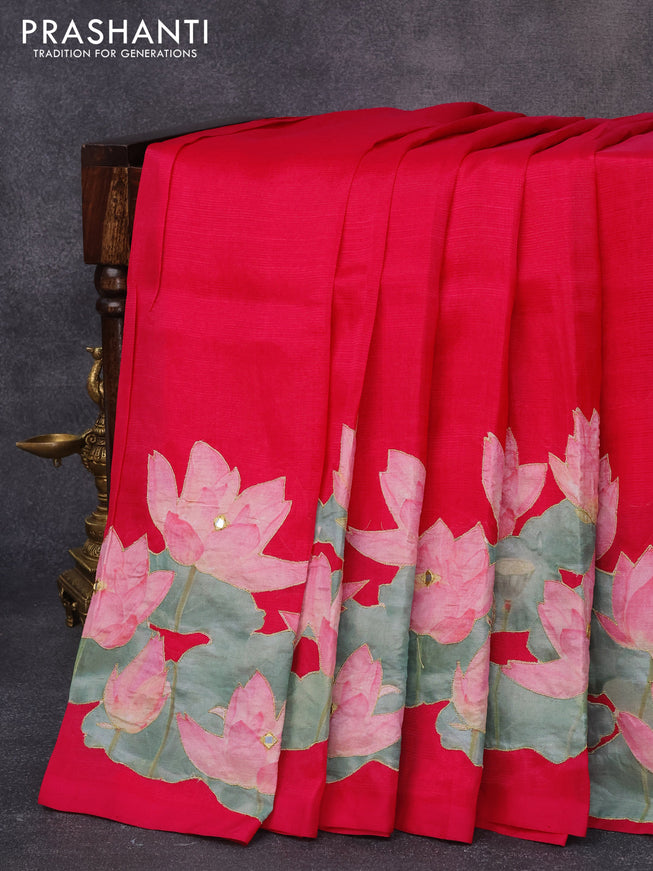 Mangalgiri silk cotton saree dark pink with plain body and floral applique work