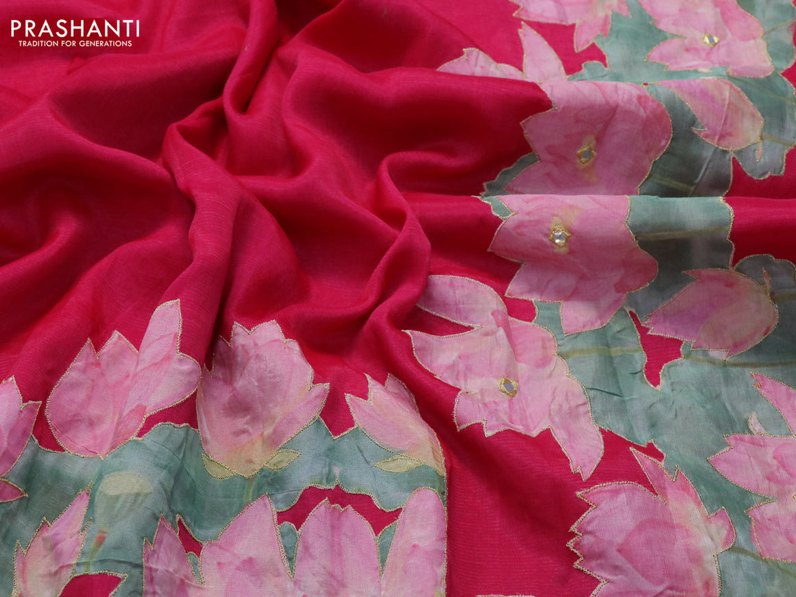 Mangalgiri silk cotton saree dark pink with plain body and floral applique work