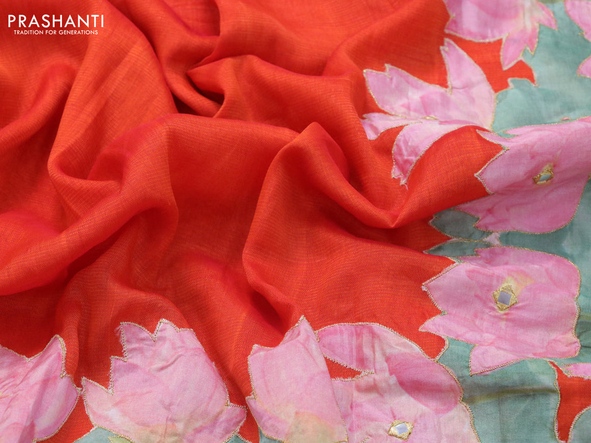 Mangalgiri silk cotton saree rustic orange with plain body and floral applique work