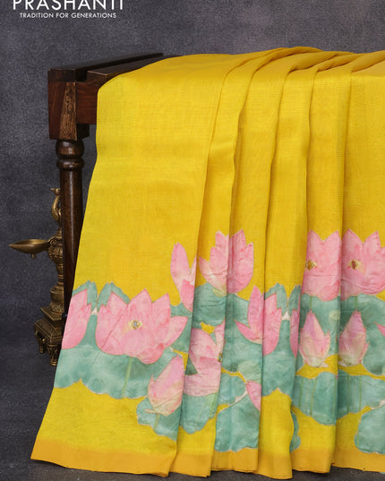 Mangalgiri silk cotton saree yellow with plain body and floral applique work