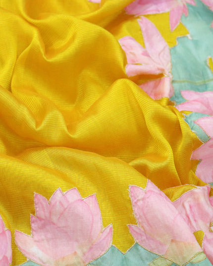 Mangalgiri silk cotton saree yellow with plain body and floral applique work