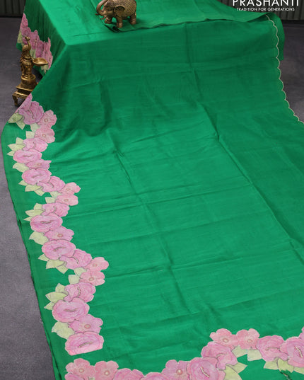 Mangalgiri silk cotton saree green with plain body and floral applique work