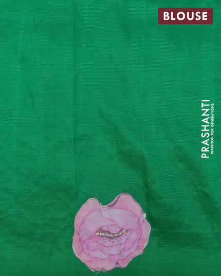 Mangalgiri silk cotton saree green with plain body and floral applique work