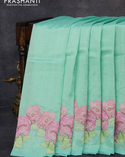 Mangalgiri silk cotton saree teal blue with plain body and floral applique work