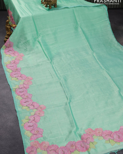 Mangalgiri silk cotton saree teal blue with plain body and floral applique work