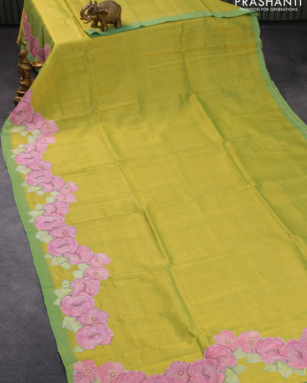 Mangalgiri silk cotton saree lime green with plain body and floral applique work