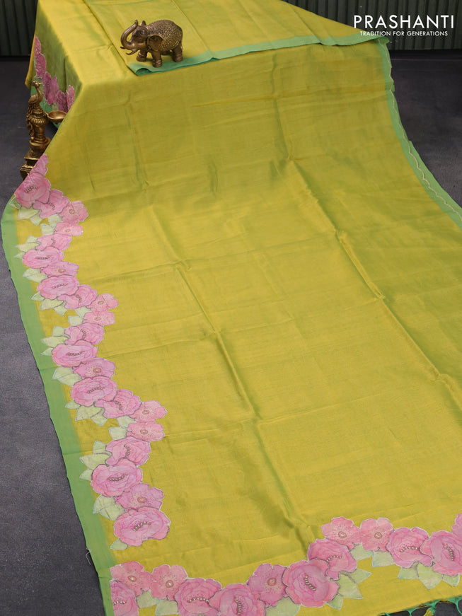 Mangalgiri silk cotton saree lime green with plain body and floral applique work