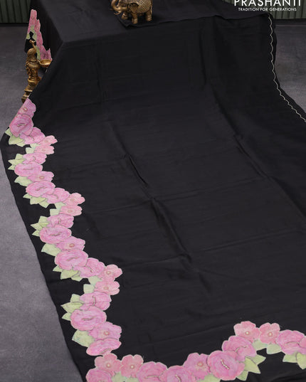 Mangalgiri silk cotton saree black with plain body and floral applique work