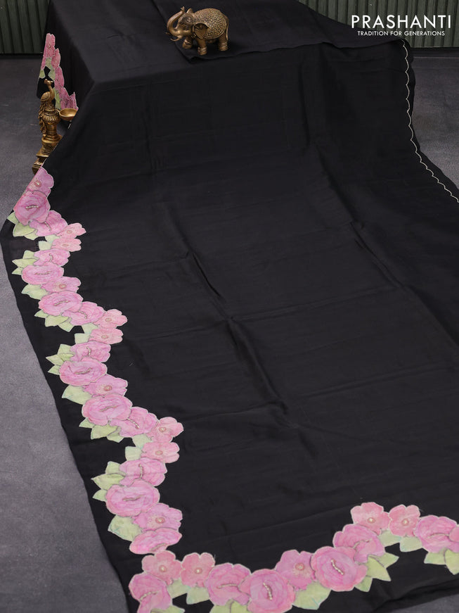 Mangalgiri silk cotton saree black with plain body and floral applique work