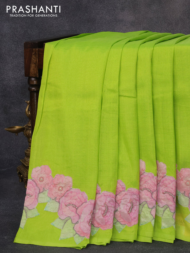 Mangalgiri silk cotton saree light green with plain body and floral applique work
