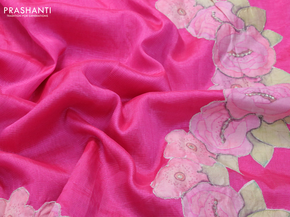 Mangalgiri silk cotton saree pink with plain body and floral applique work