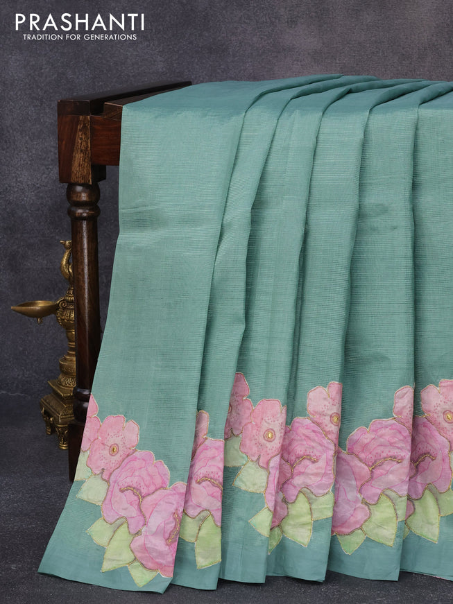 Mangalgiri silk cotton saree pastel green with plain body and floral applique work