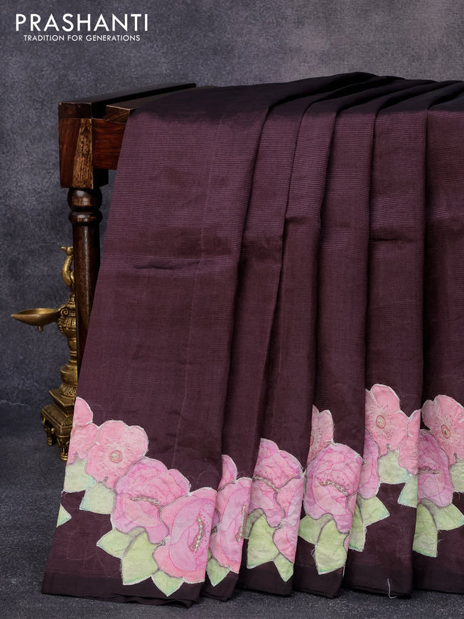 Mangalgiri silk cotton saree coffee brown with plain body and floral applique work