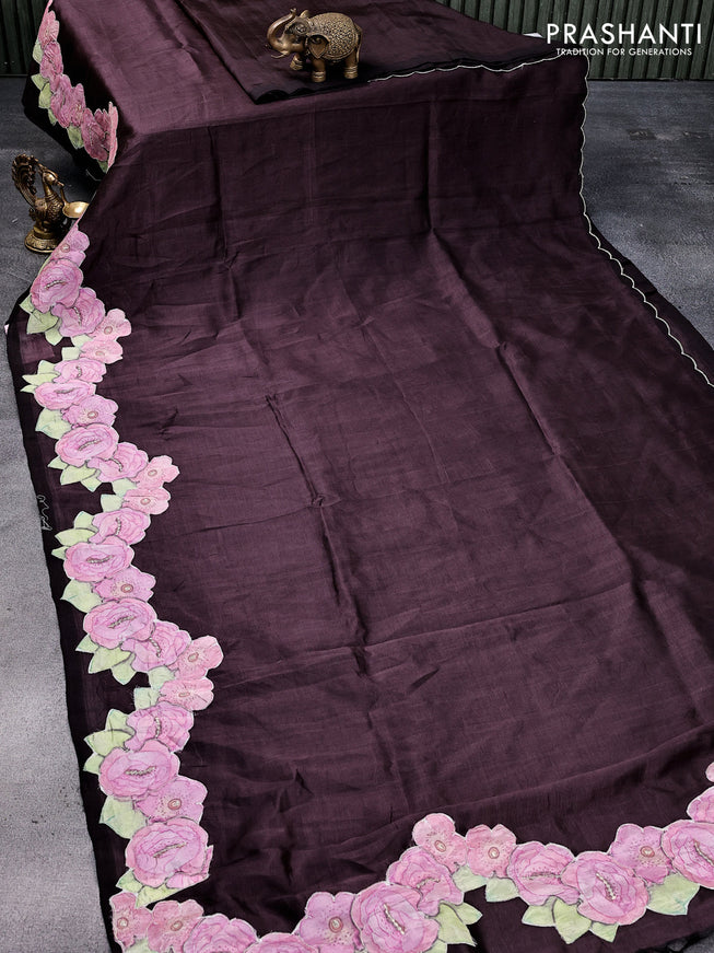 Mangalgiri silk cotton saree coffee brown with plain body and floral applique work