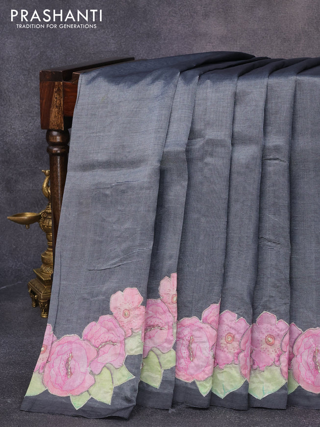 Mangalgiri silk cotton saree dark grey with plain body and floral applique work