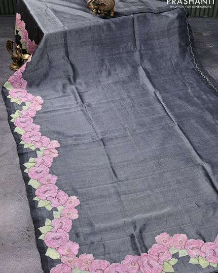 Mangalgiri silk cotton saree dark grey with plain body and floral applique work