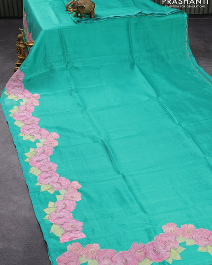 Mangalgiri silk cotton saree teal green with plain body and floral applique work