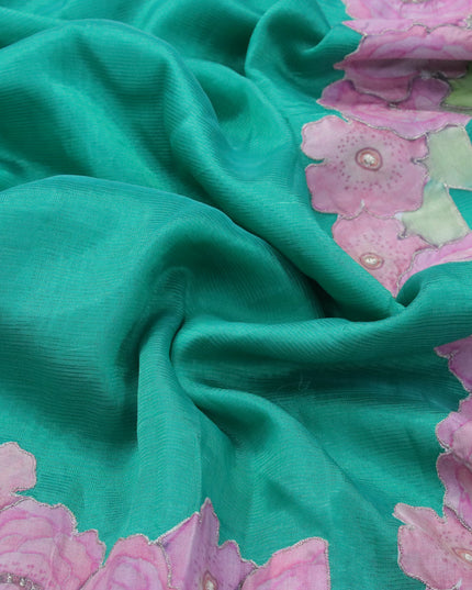Mangalgiri silk cotton saree teal green with plain body and floral applique work