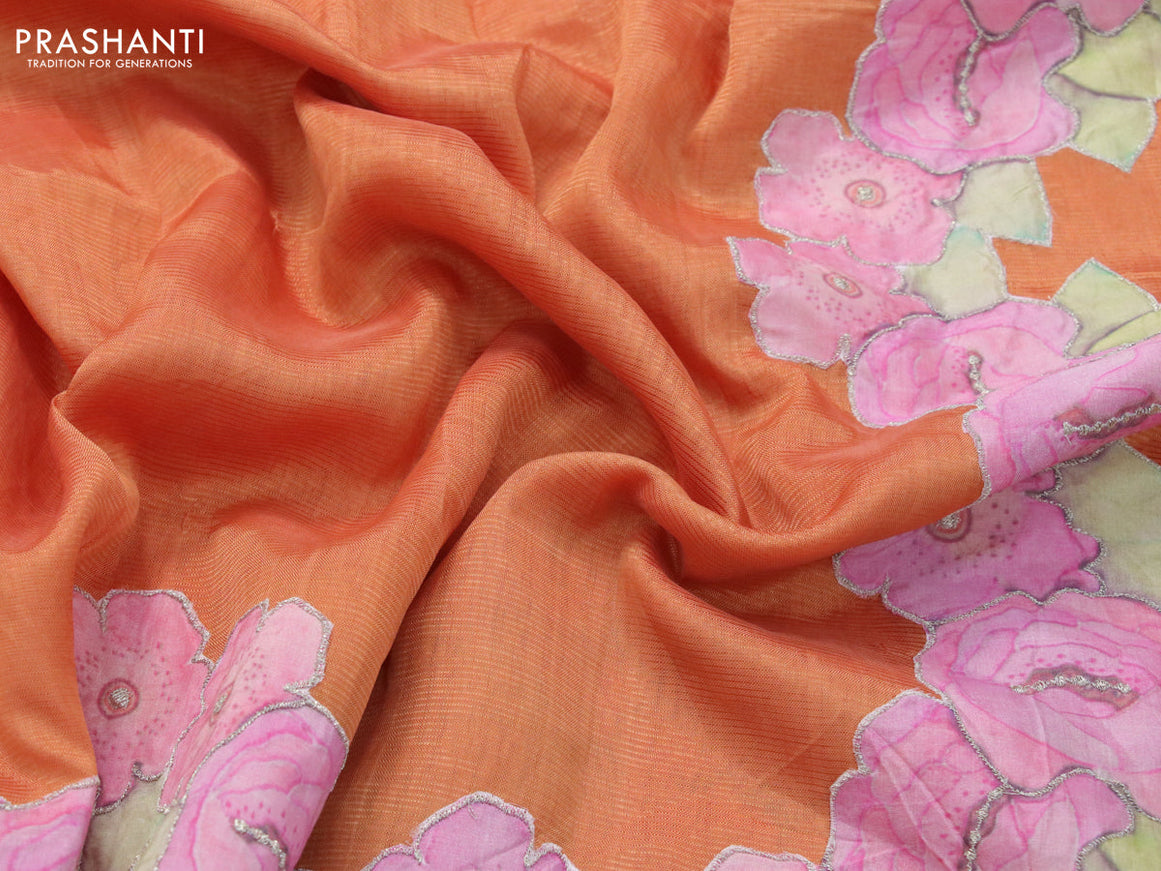 Mangalgiri silk cotton saree rustic orange with plain body and floral applique work