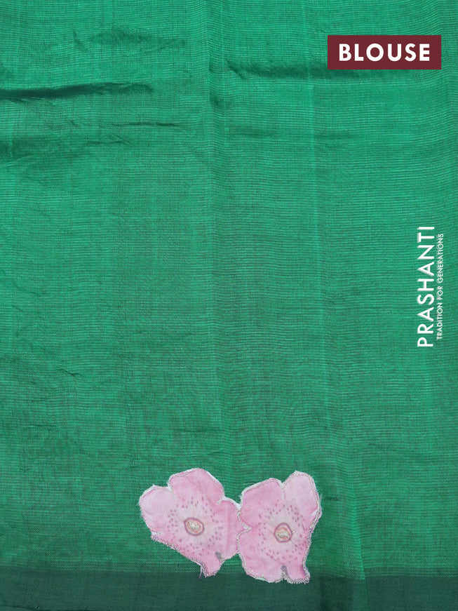 Mangalgiri silk cotton saree dark green with plain body and floral applique work