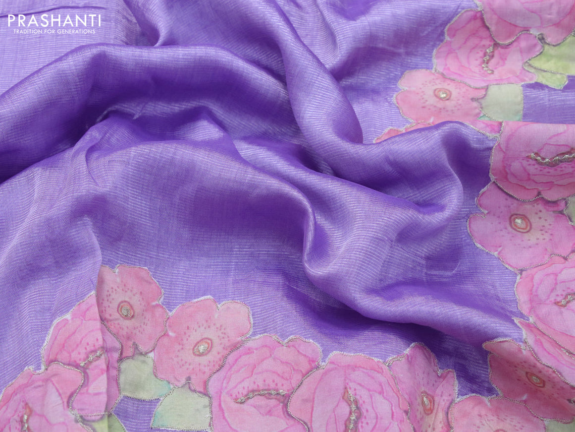 Mangalgiri silk cotton saree lavender with plain body and floral applique work