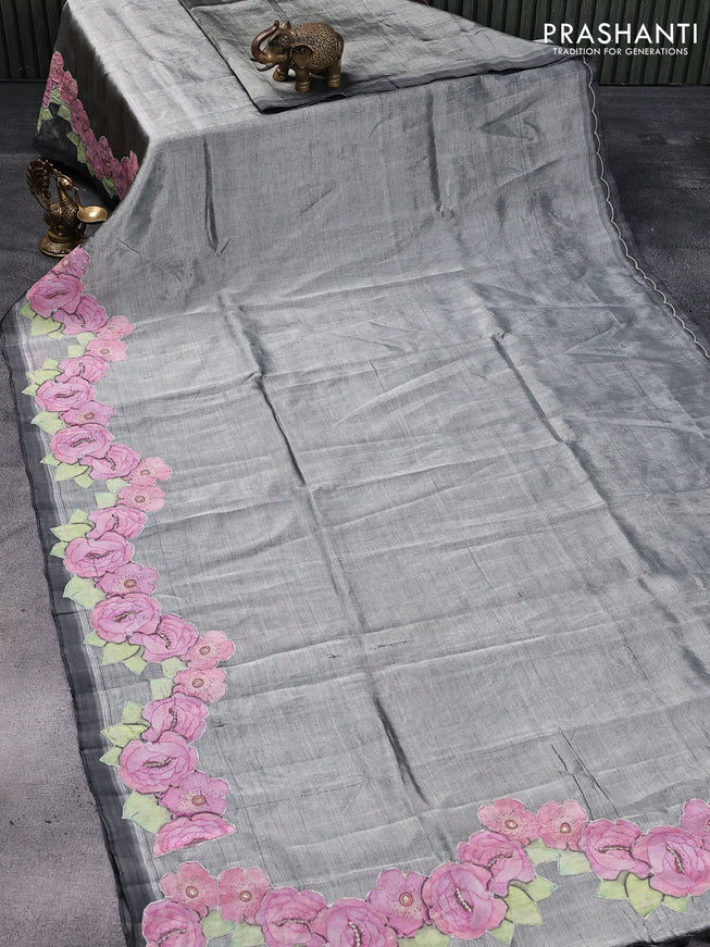 Mangalgiri silk cotton saree grey with plain body and floral applique work