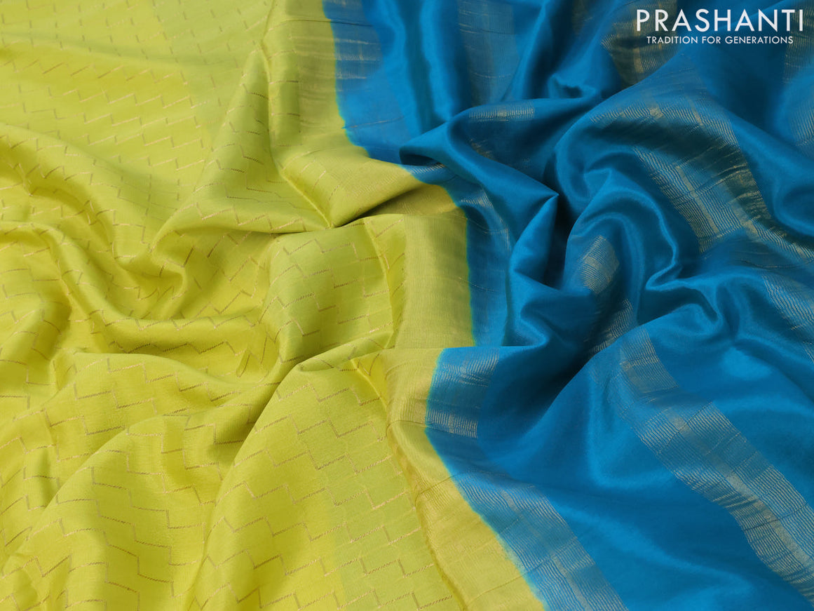 Pure mysore silk saree lime yellow and teal blue with allover geometric weaves and zari woven border
