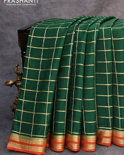 Pure mysore silk saree dark green and rustic orange with allover zari checked pattern and zari woven border