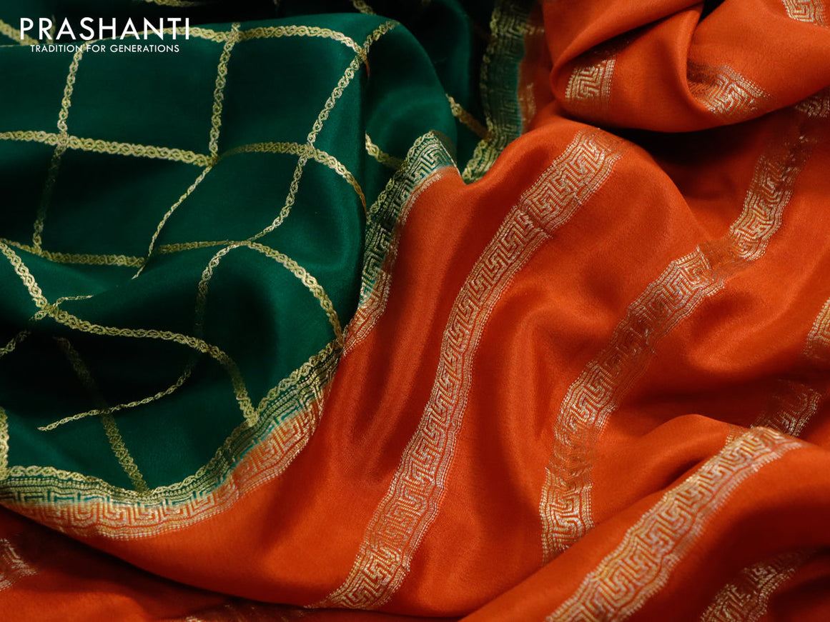 Pure mysore silk saree dark green and rustic orange with allover zari checked pattern and zari woven border