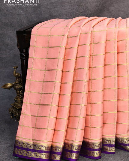 Pure mysore silk saree peach orange and violet with allover zari checked pattern and zari woven border