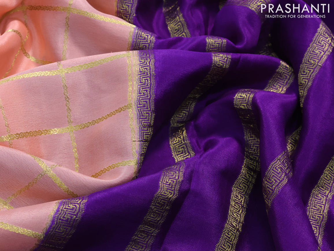 Pure mysore silk saree peach orange and violet with allover zari checked pattern and zari woven border