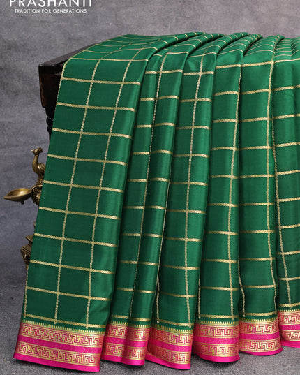 Pure mysore silk saree green and pink with allover zari checked pattern and zari woven border