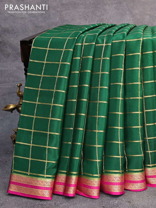 Pure mysore silk saree green and pink with allover zari checked pattern and zari woven border