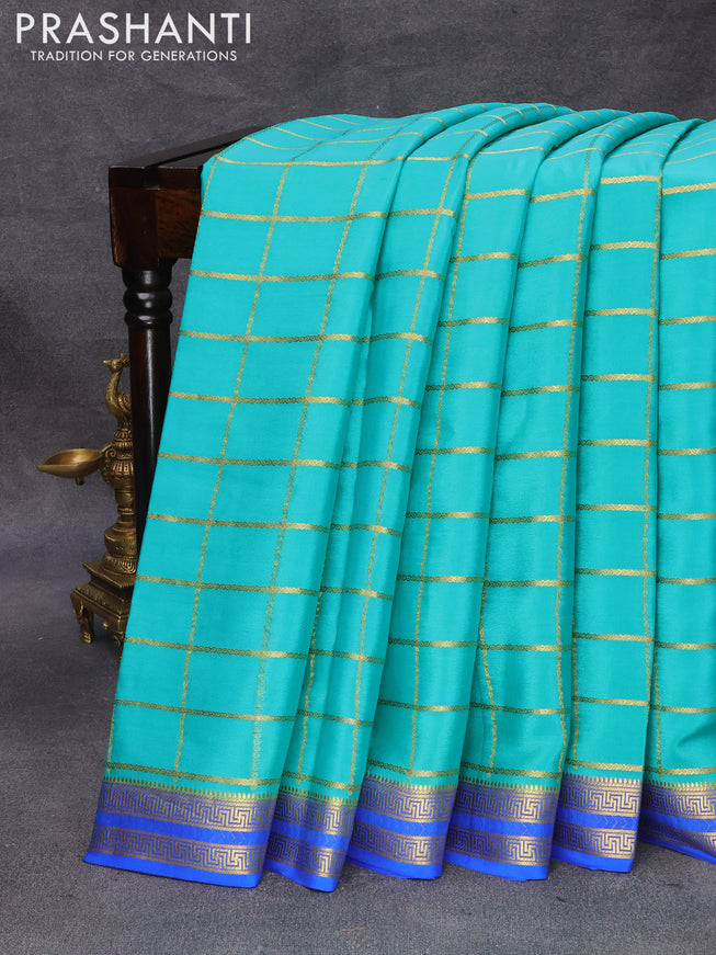 Pure mysore silk saree teal green and royal blue with allover zari checked pattern and zari woven border
