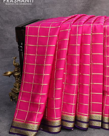 Pure mysore silk saree magenta pink and blue with allover zari checked pattern and zari woven border