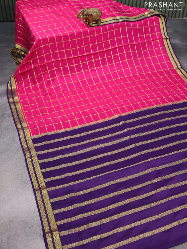 Pure mysore silk saree magenta pink and blue with allover zari checked pattern and zari woven border