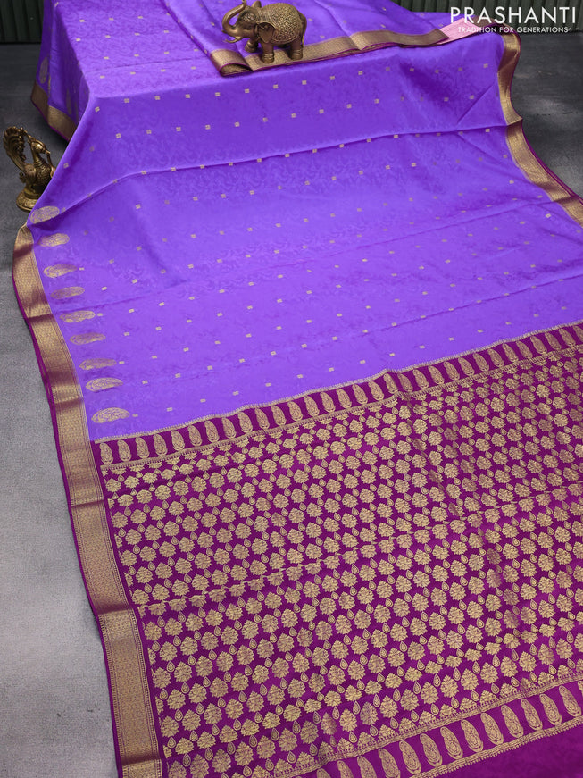Pure mysore silk saree lavender and purple with allover self emboss & buttas and zari woven border