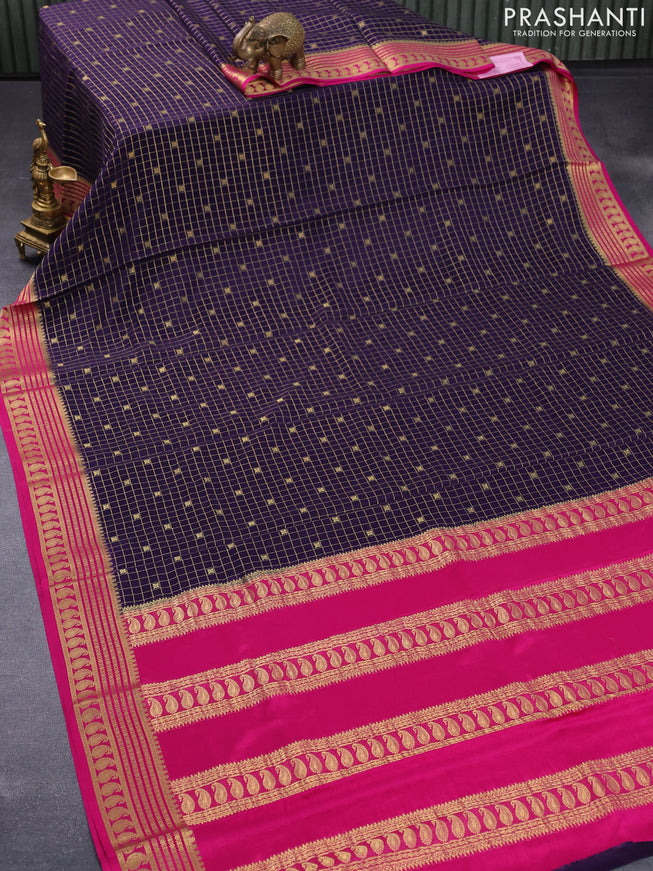 Pure mysore silk saree blue and pink with allover zari checks & buttas and zari woven border