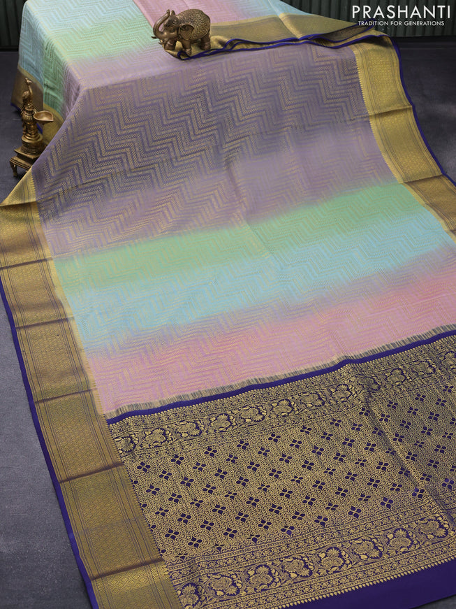 Pure mysore silk saree pastel green and pastel blue with allover zari woven brocade weaves and zari woven border