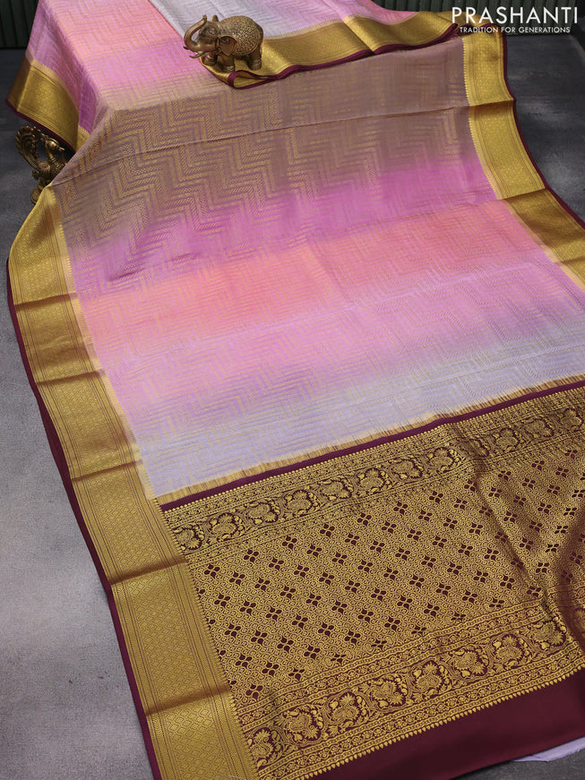 Pure mysore silk saree pastel pink grey and deep maroon with allover zari woven brocade weaves and zari woven border