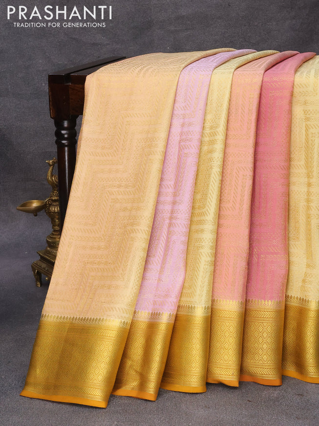 Pure mysore silk saree peach pink sandal and mustard yellow with allover zari woven brocade weaves and zari woven border