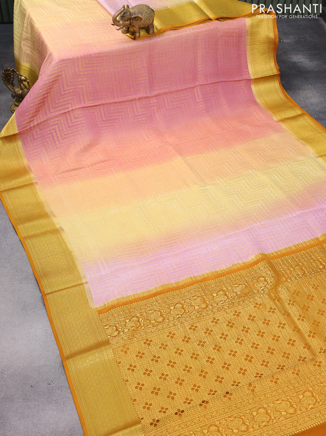 Pure mysore silk saree peach pink sandal and mustard yellow with allover zari woven brocade weaves and zari woven border