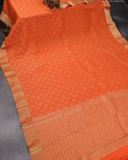 Pure mysore silk saree orange with allover zari woven brocade weaves and zari woven border