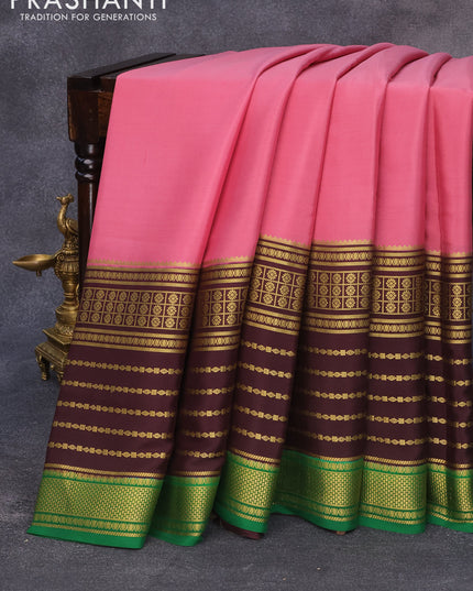 Pure mysore silk saree mauve pink and brown green with plain body ang long zari woven border