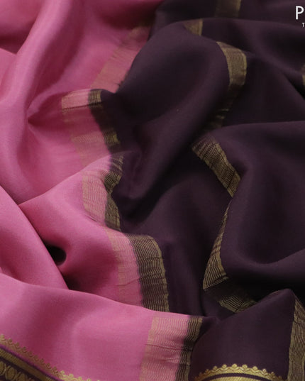 Pure mysore silk saree mauve pink and brown green with plain body ang long zari woven border