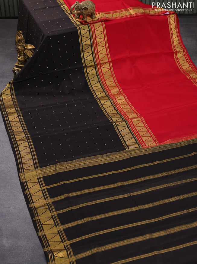 Pure mysore silk saree kum kum red and black with half & half style and zari woven border