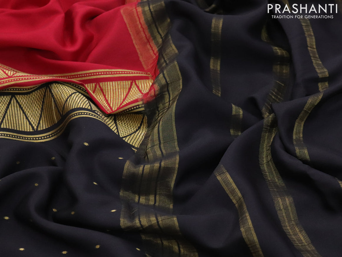 Pure mysore silk saree kum kum red and black with half & half style and zari woven border