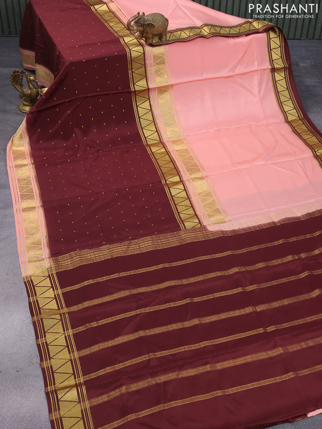 Pure mysore silk saree peach shade and deep maroon with half & half style and zari woven border